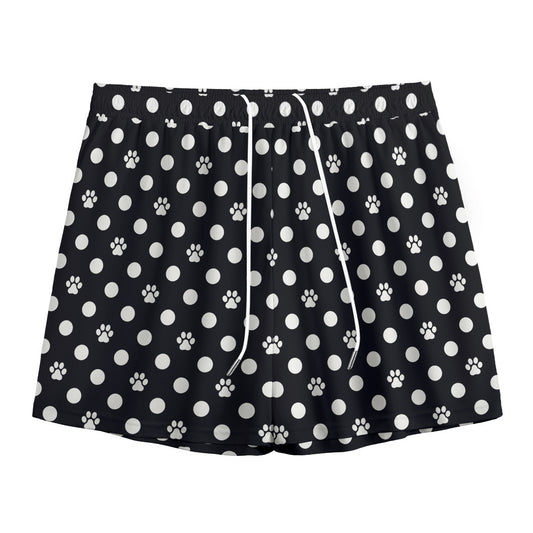 Black And White Paw And Polka Dot Print Mesh Shorts