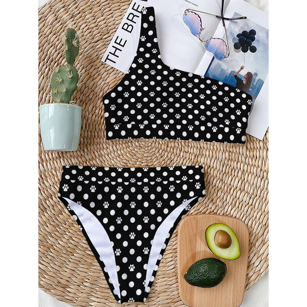 Black And White Paw And Polka Dot Print One Shoulder Bikini Top