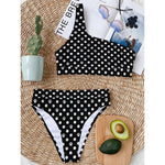 Black And White Paw And Polka Dot Print One Shoulder Bikini Top