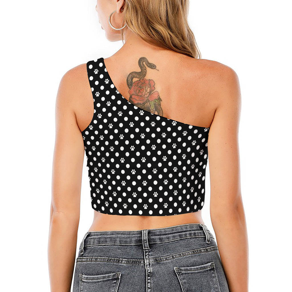 Black And White Paw And Polka Dot Print One Shoulder Crop Top
