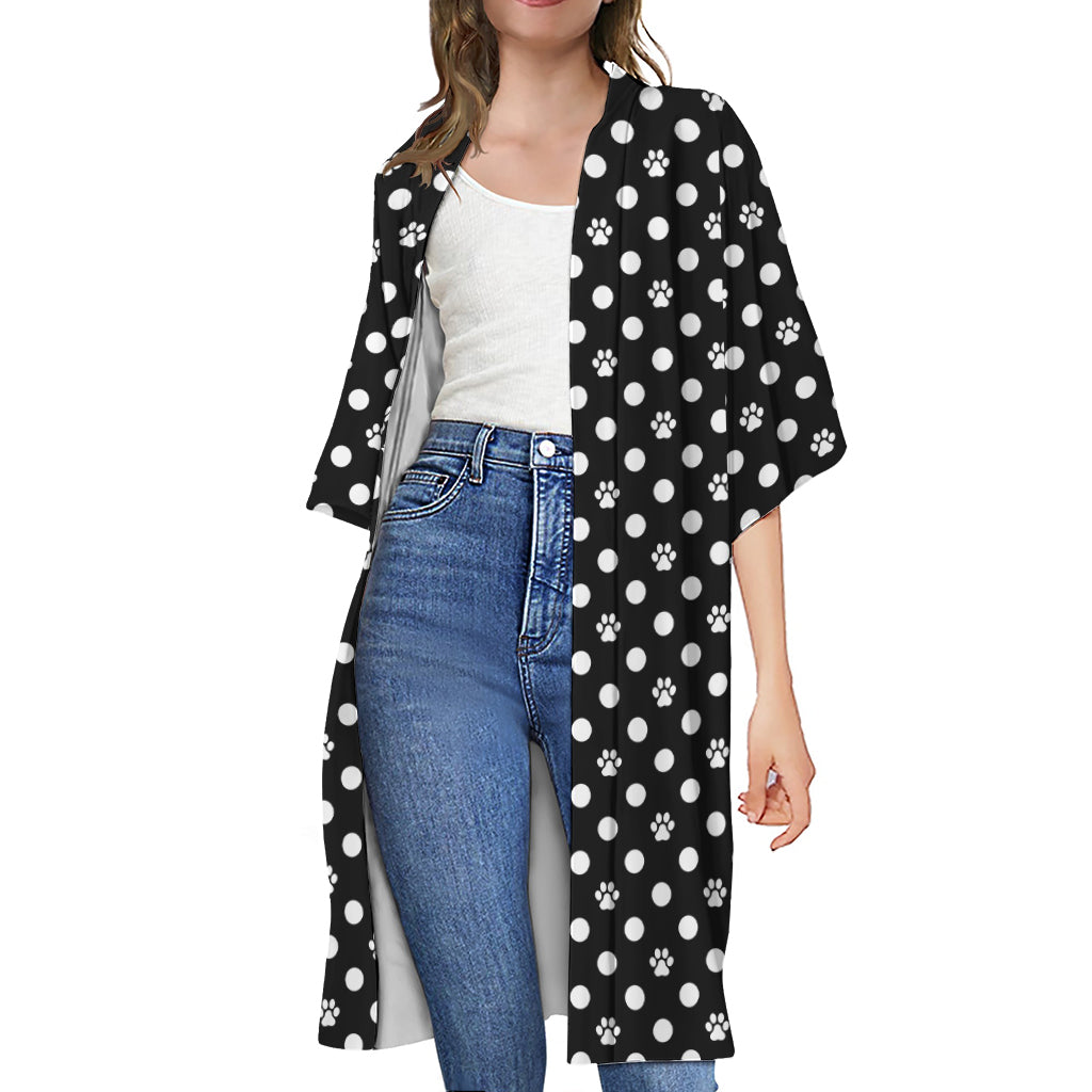 Black And White Paw And Polka Dot Print Open Front Beach Cover Up