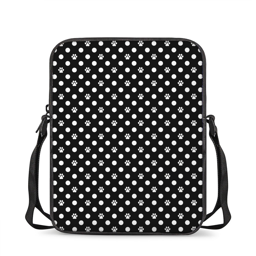 Black And White Paw And Polka Dot Print Rectangular Crossbody Bag