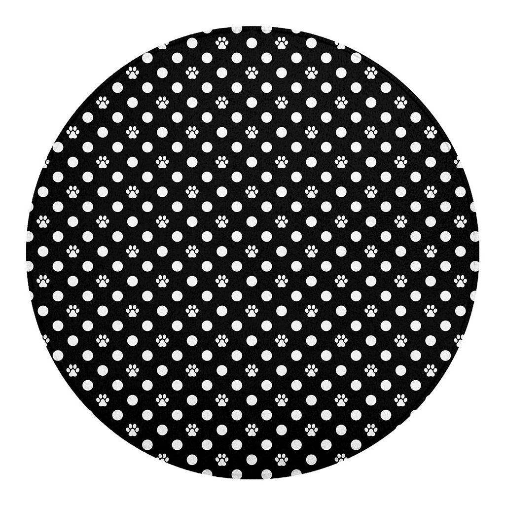 Black And White Paw And Polka Dot Print Round Blanket