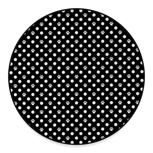 Black And White Paw And Polka Dot Print Round Floor Mat