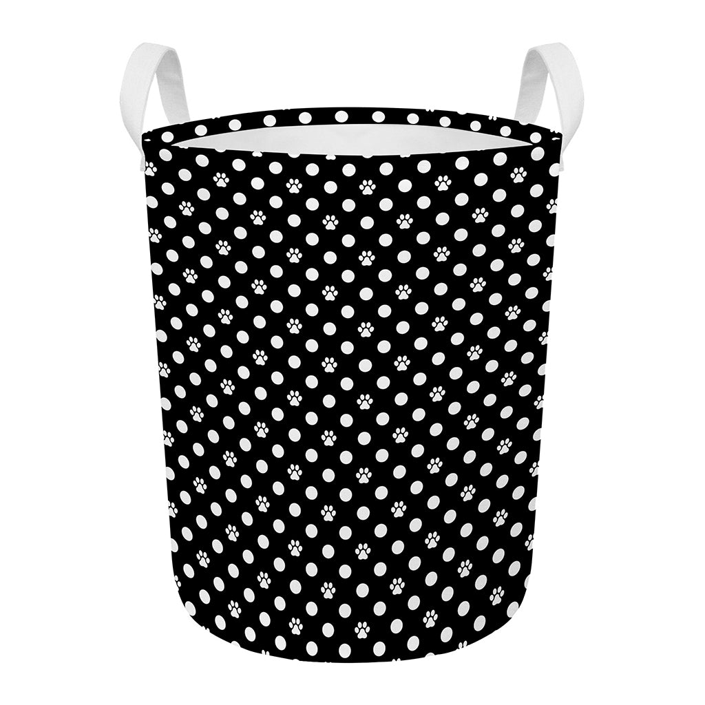 Black And White Paw And Polka Dot Print Round Laundry Basket
