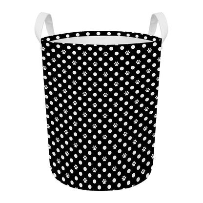 Black And White Paw And Polka Dot Print Round Laundry Basket