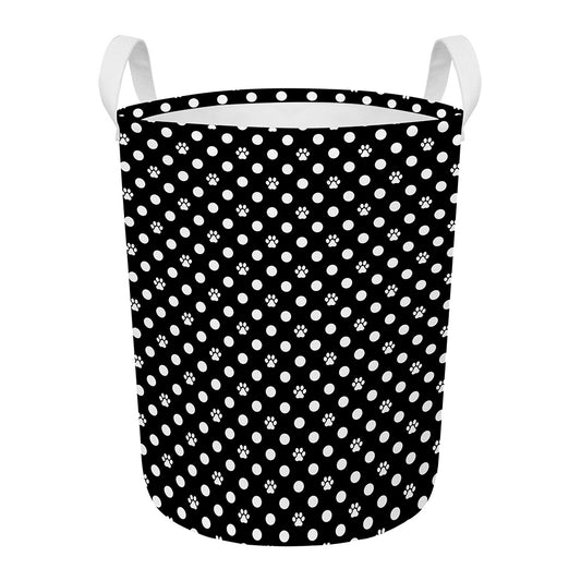 Black And White Paw And Polka Dot Print Round Laundry Basket