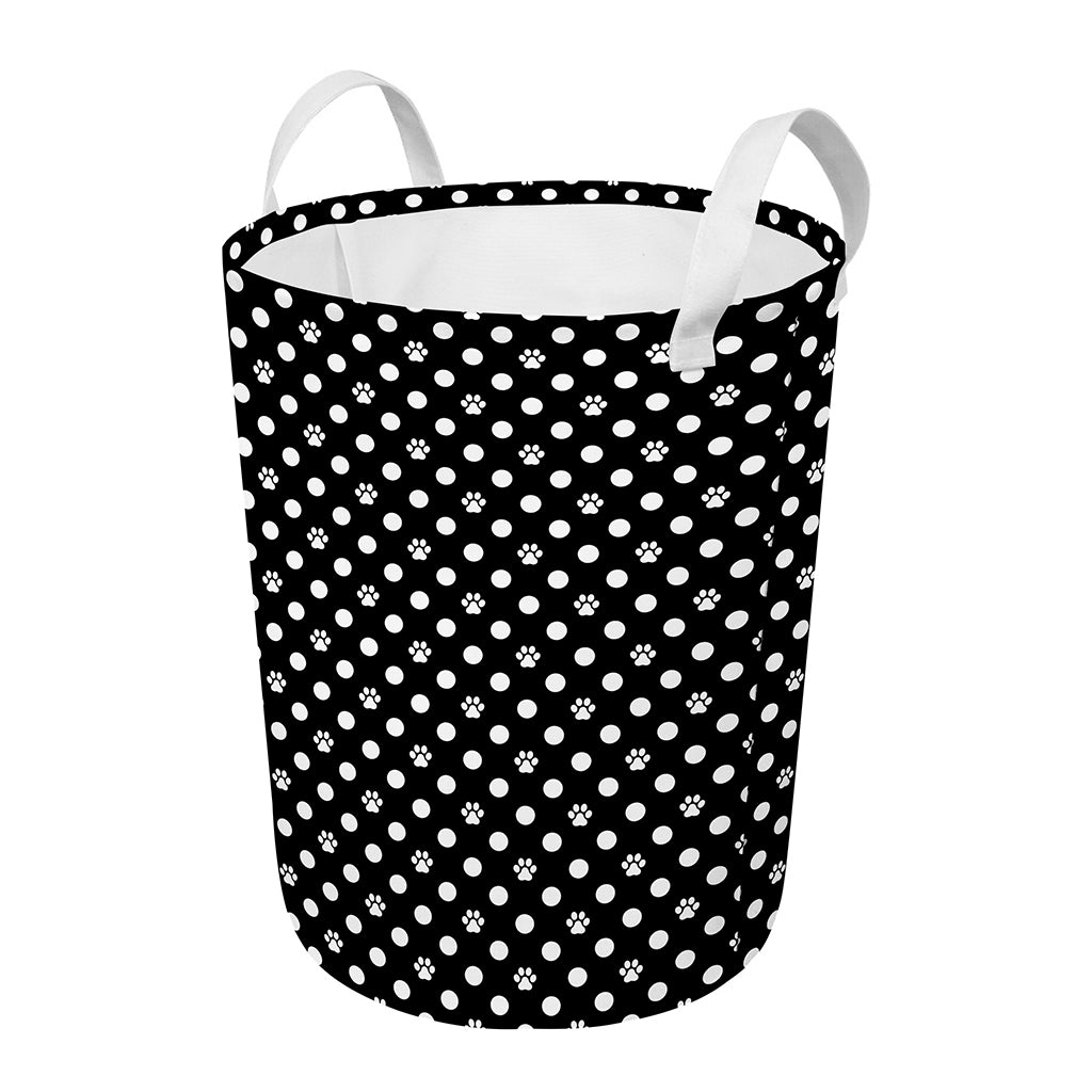 Black And White Paw And Polka Dot Print Round Laundry Basket