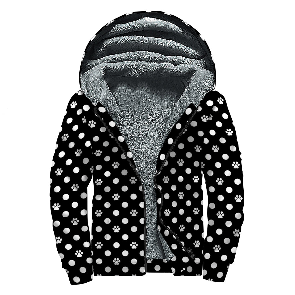 Black And White Paw And Polka Dot Print Sherpa Lined Zip Up Hoodie