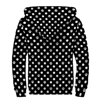 Black And White Paw And Polka Dot Print Sherpa Lined Zip Up Hoodie