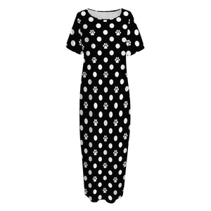 Black And White Paw And Polka Dot Print Short Sleeve Long Nightdress