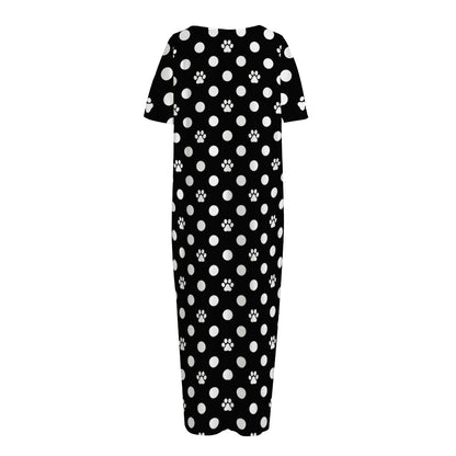 Black And White Paw And Polka Dot Print Short Sleeve Long Nightdress