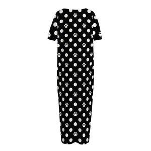 Black And White Paw And Polka Dot Print Short Sleeve Long Nightdress