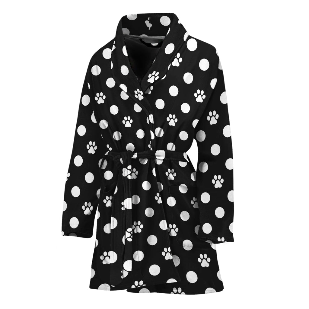 Black And White Paw And Polka Dot Print Women's Bathrobe