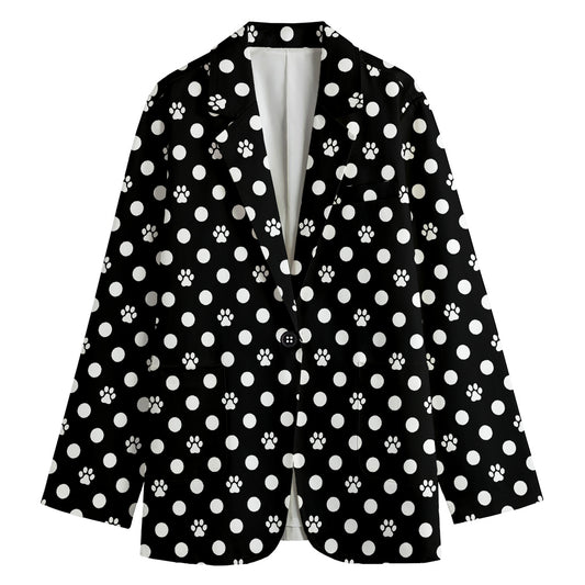 Black And White Paw And Polka Dot Print Women's Blazer