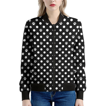 Black And White Paw And Polka Dot Print Women's Bomber Jacket