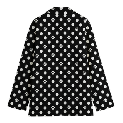 Black And White Paw And Polka Dot Print Women's Cotton Blazer