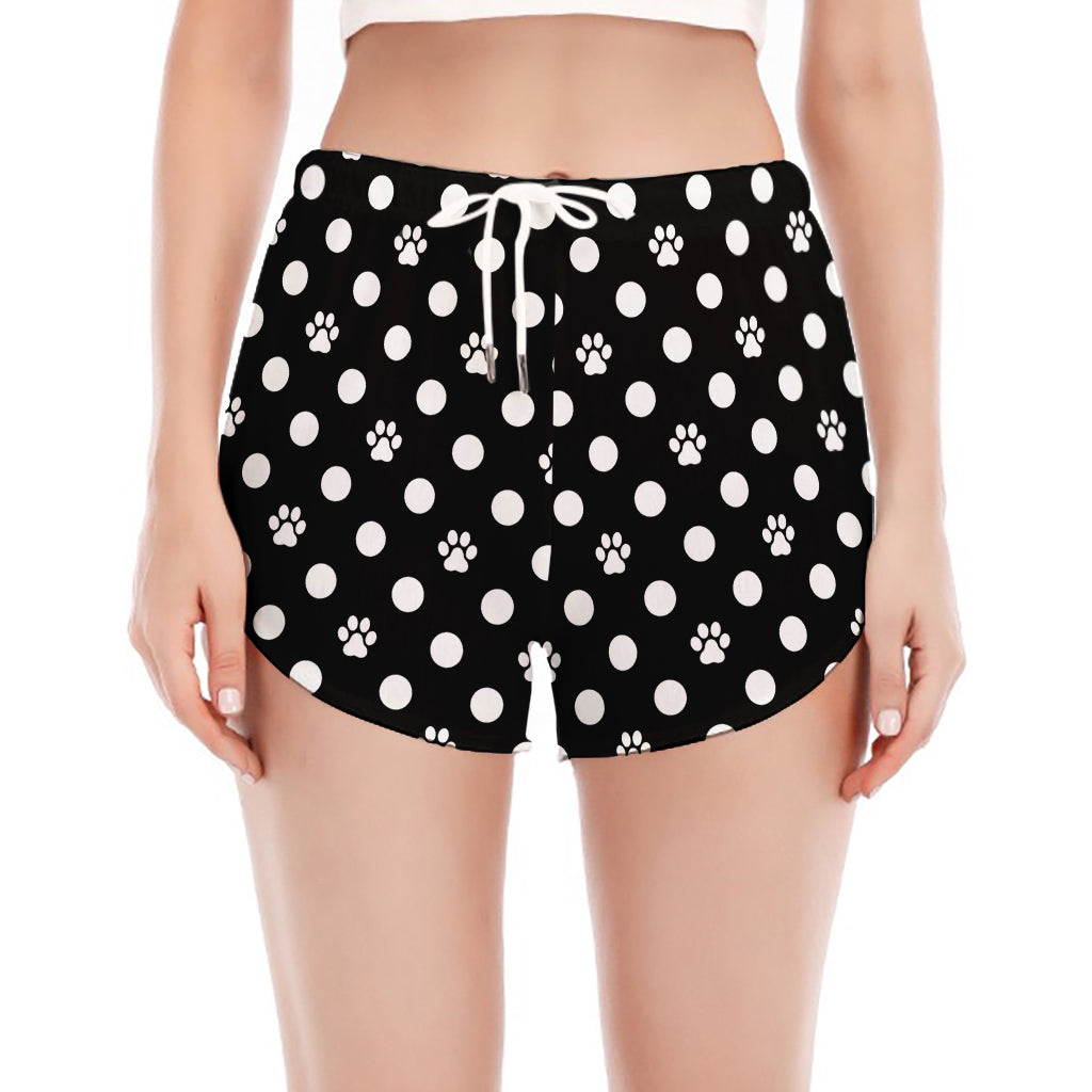 Black And White Paw And Polka Dot Print Women's Split Running Shorts
