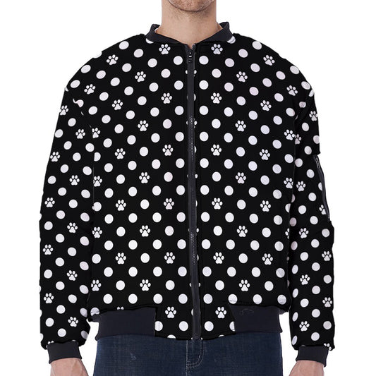 Black And White Paw And Polka Dot Print Zip Sleeve Bomber Jacket