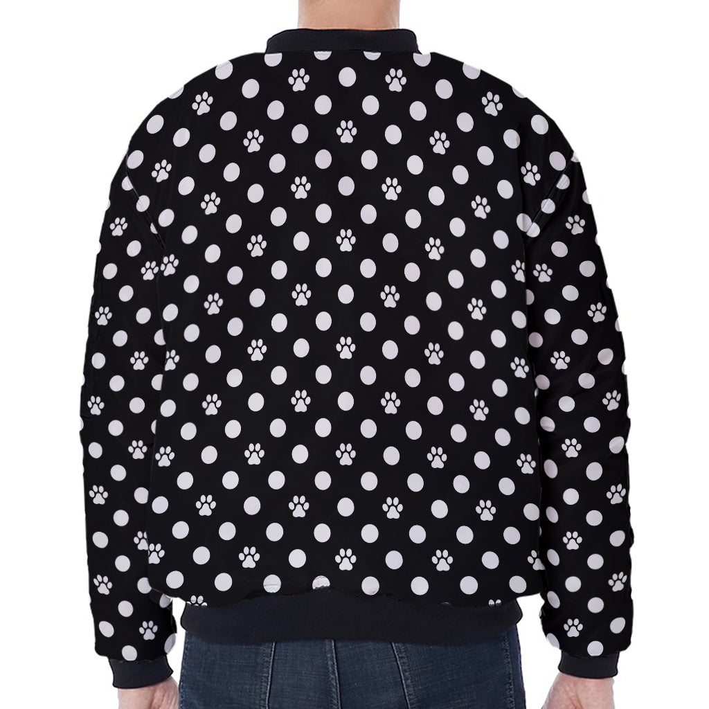 Black And White Paw And Polka Dot Print Zip Sleeve Bomber Jacket