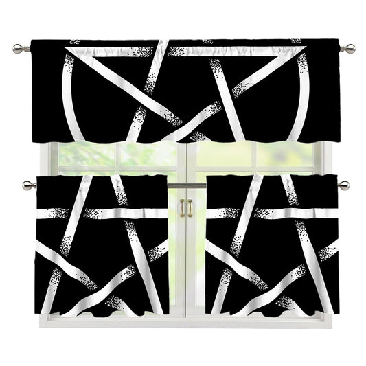 Black And White Pentagram Symbol Print 3 Piece Kitchen Curtains