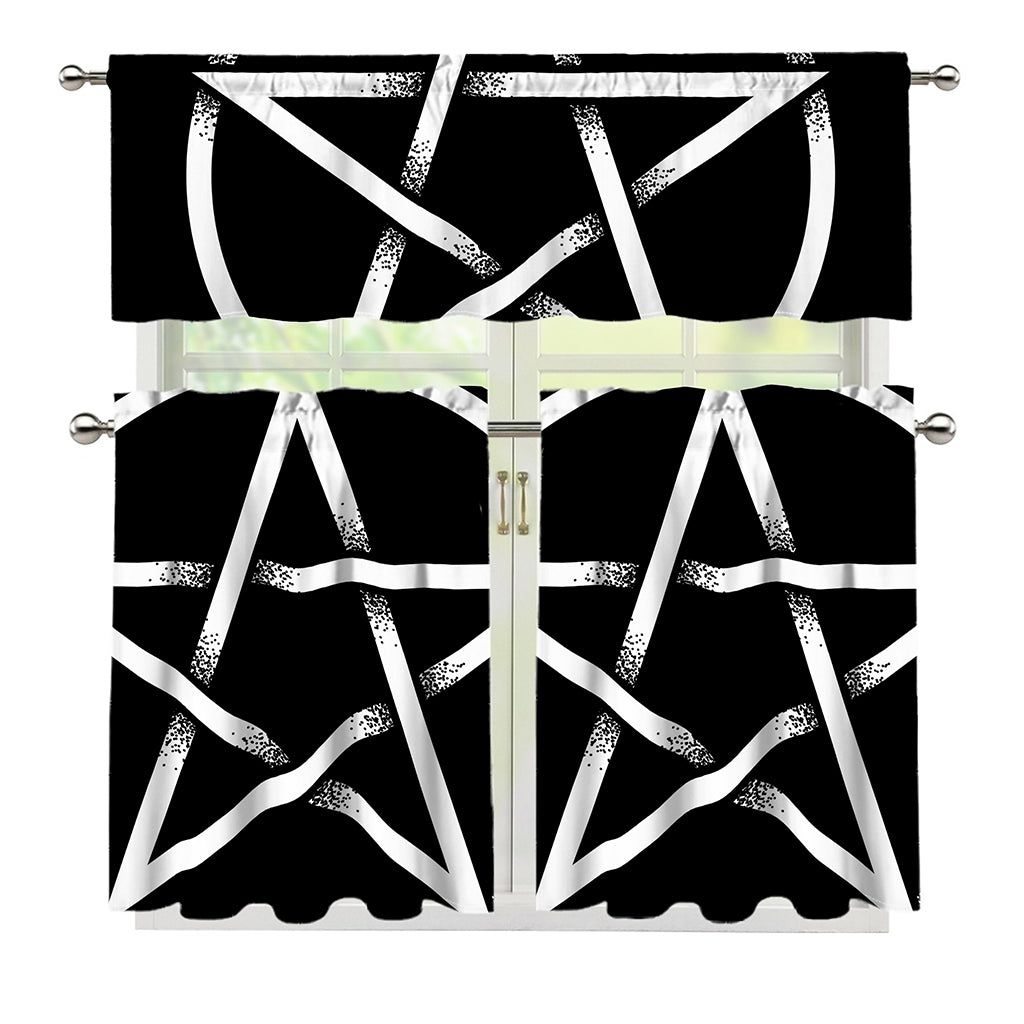 Black And White Pentagram Symbol Print 3 Piece Kitchen Curtains