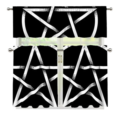 Black And White Pentagram Symbol Print 3 Piece Kitchen Curtains
