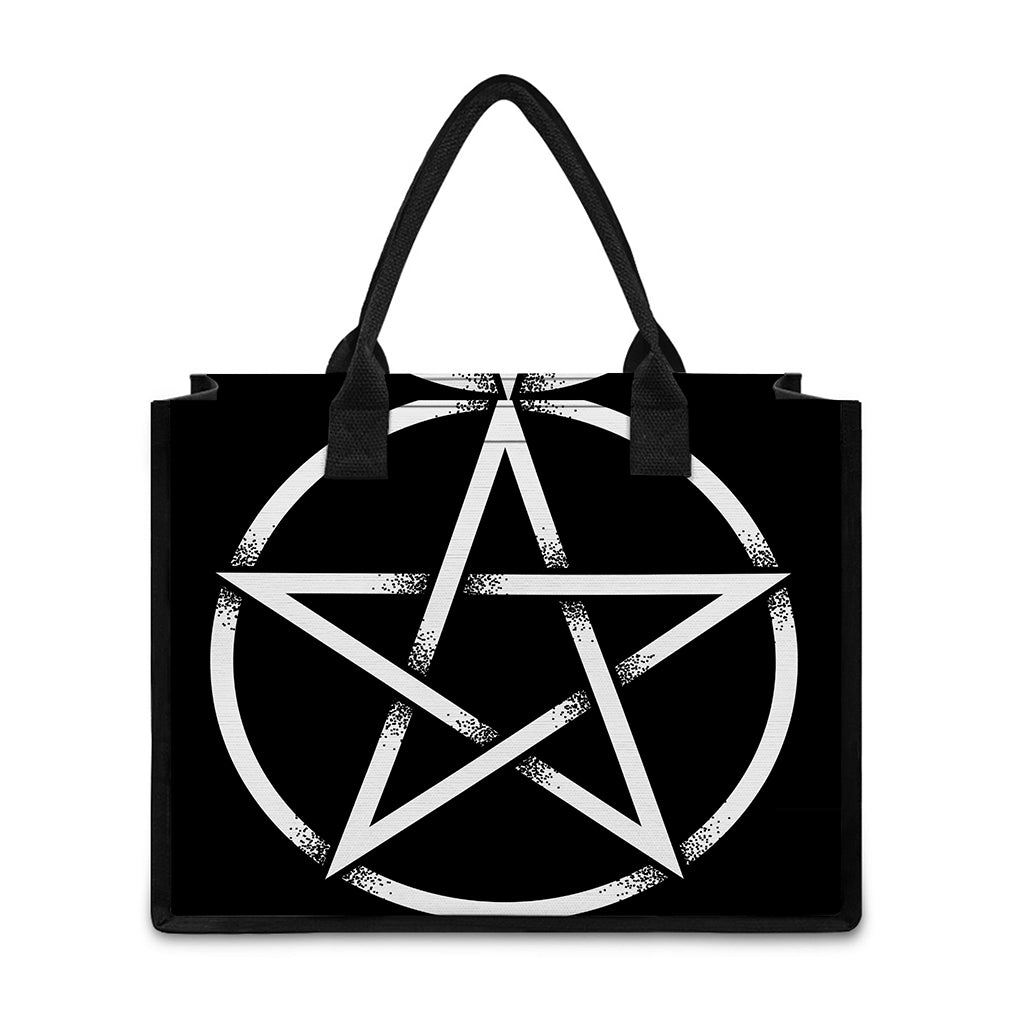 Black And White Pentagram Symbol Print Canvas Tote Bag