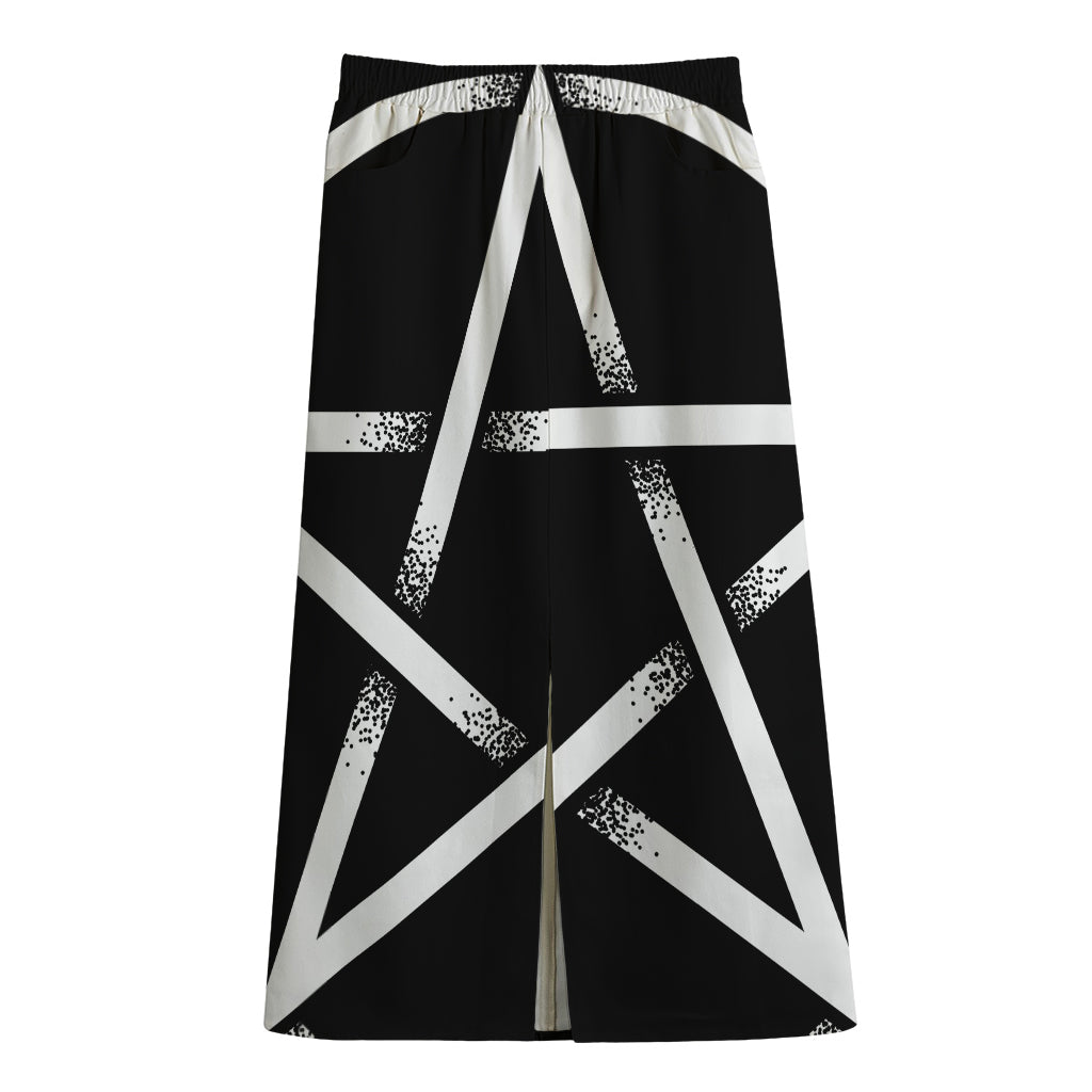 Black And White Pentagram Symbol Print Cotton Front Slit Maxi Skirt