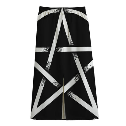 Black And White Pentagram Symbol Print Cotton Front Slit Maxi Skirt