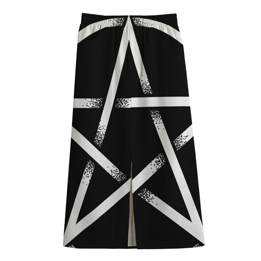 Black And White Pentagram Symbol Print Cotton Front Slit Maxi Skirt