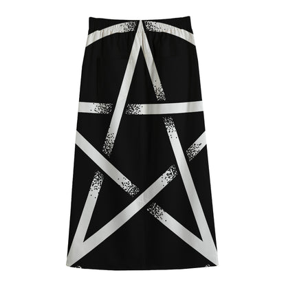 Black And White Pentagram Symbol Print Cotton Front Slit Maxi Skirt