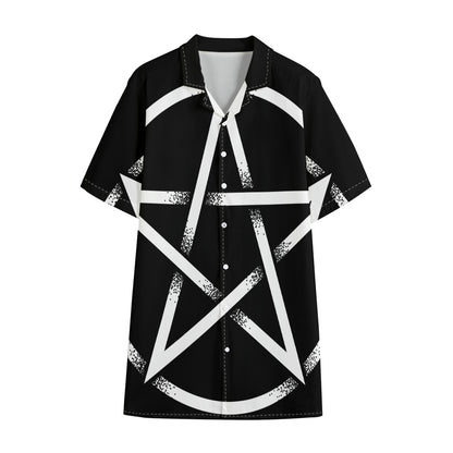 Black And White Pentagram Symbol Print Cotton Hawaiian Shirt