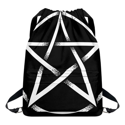 Black And White Pentagram Symbol Print Drawstring Backpack