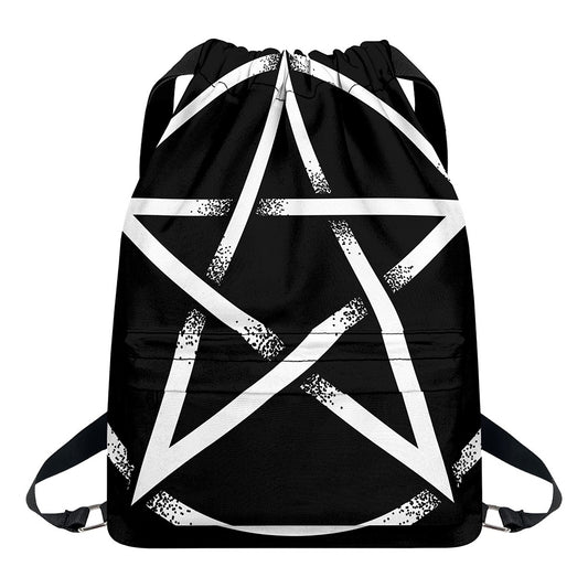 Black And White Pentagram Symbol Print Drawstring Backpack