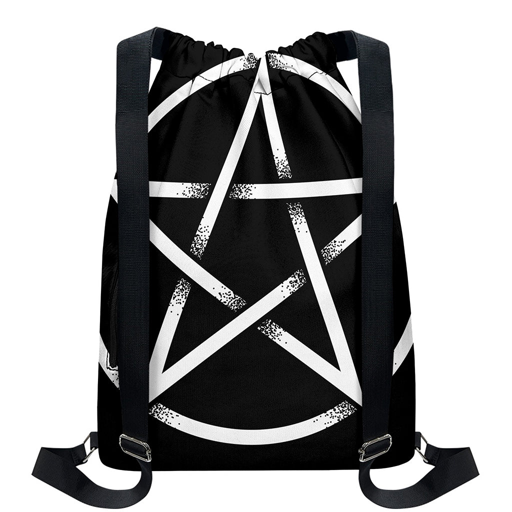 Black And White Pentagram Symbol Print Drawstring Backpack
