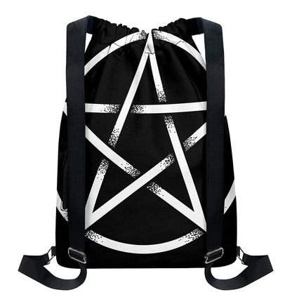 Black And White Pentagram Symbol Print Drawstring Backpack
