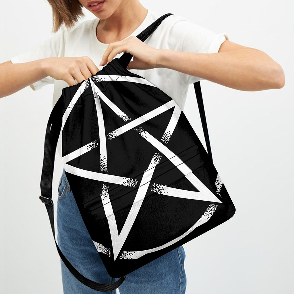 Black And White Pentagram Symbol Print Drawstring Backpack