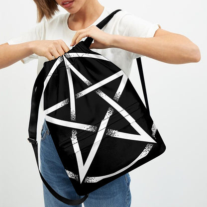 Black And White Pentagram Symbol Print Drawstring Backpack
