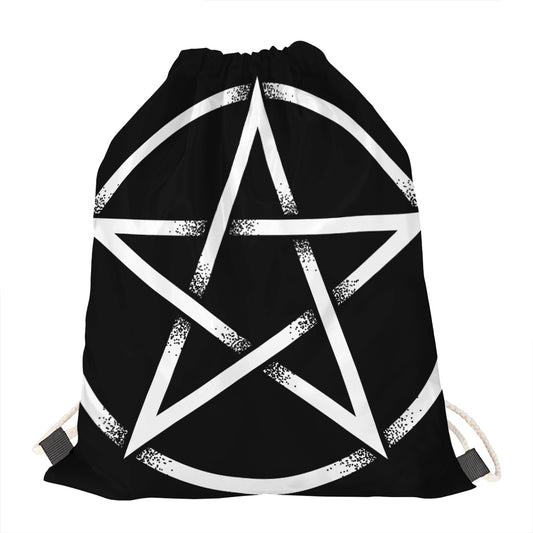 Black And White Pentagram Symbol Print Drawstring Bag