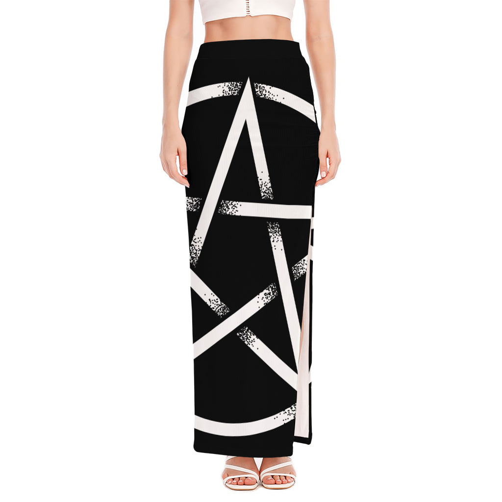 Black And White Pentagram Symbol Print High Slit Maxi Skirt