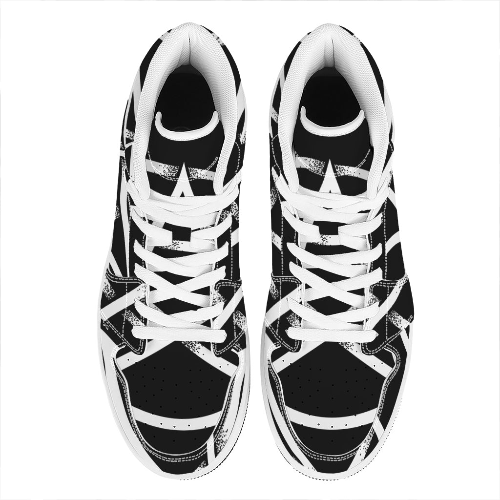 Black And White Pentagram Symbol Print High Top Leather Sneakers