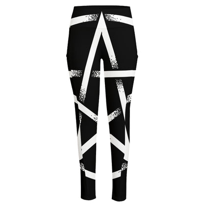 Black And White Pentagram Symbol Print High-Waisted Pocket Leggings