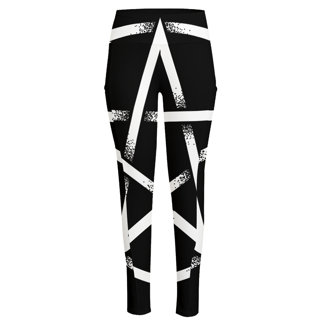 Black And White Pentagram Symbol Print High-Waisted Pocket Leggings