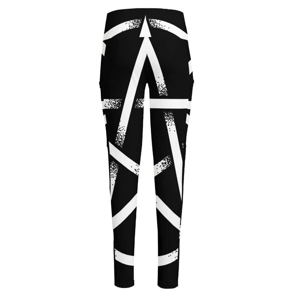 Black And White Pentagram Symbol Print High-Waisted Pocket Leggings