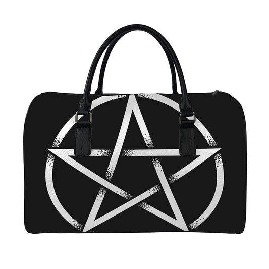 Black And White Pentagram Symbol Print Leather Duffle Bag