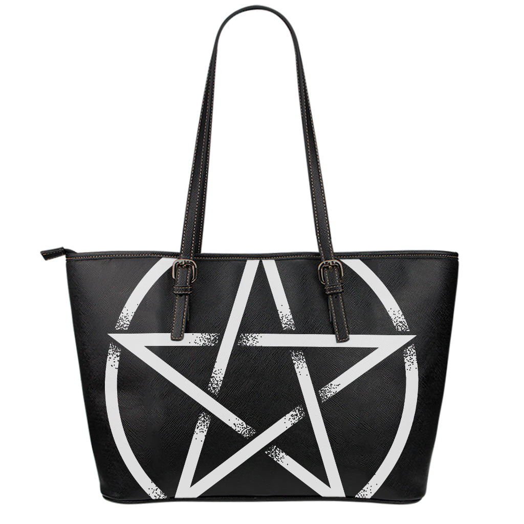Black And White Pentagram Symbol Print Leather Tote Bag