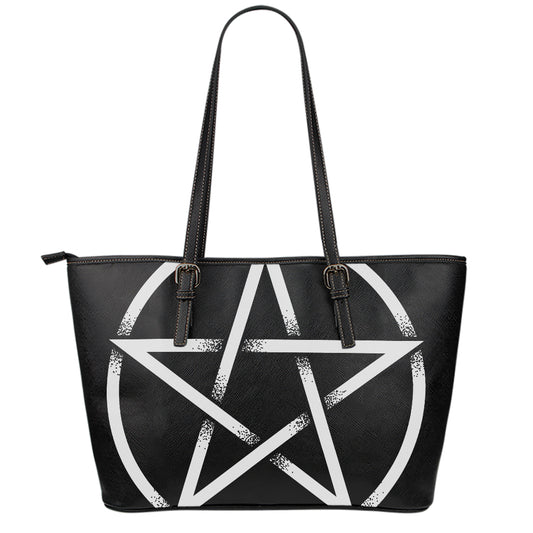Black And White Pentagram Symbol Print Leather Tote Bag