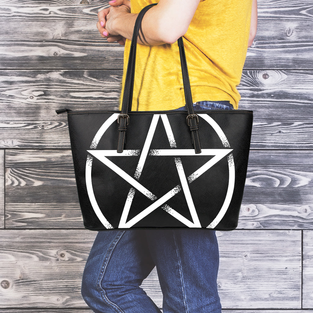 Black And White Pentagram Symbol Print Leather Tote Bag