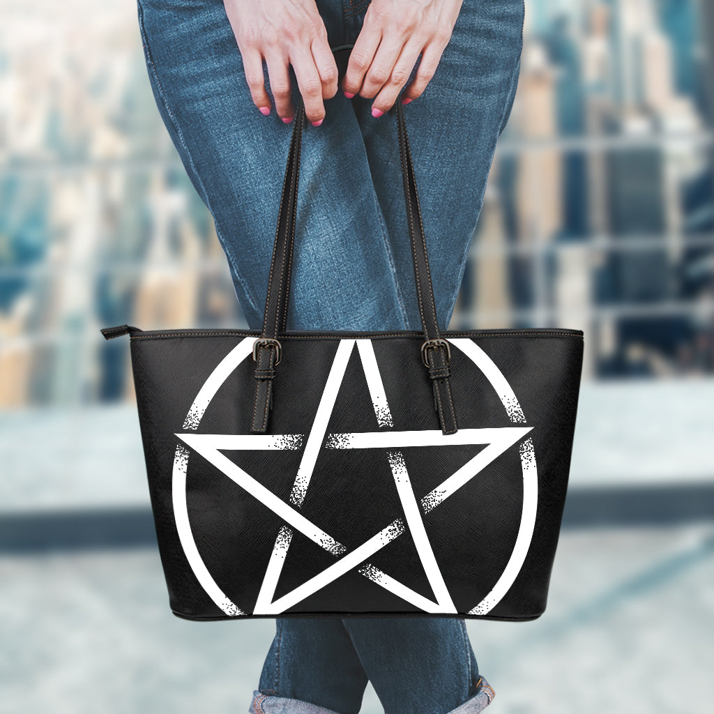 Black And White Pentagram Symbol Print Leather Tote Bag